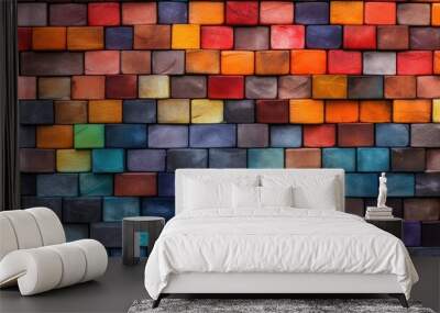 Vibrant colorful mosaic bricks create a mesmerizing geometric pattern on the wall texture. Generative AI Wall mural