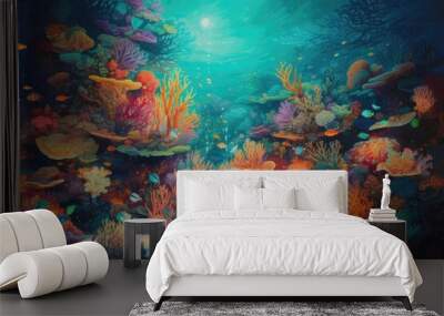 Vibrant underwater scene, with colorful coral reefs and schools of tropical fish. Generative AI Wall mural