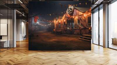 Vintage abandoned carnival with ghostly presence. Halloween concept for creepy carnival event organizer, dark photography studio, circus-themed party. Wall mural