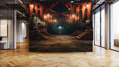 Vintage abandoned carnival with ghostly presence. Halloween concept for creepy carnival event organizer, dark photography studio, circus-themed party. Wall mural