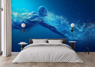 Water dynamics in swimming, abstract swimmer with wave-like trails, fluid and smooth Wall mural