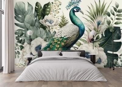 Watercolor painting tropical palm leaf branches and flowers with a white peacock bird. Generative AI Wall mural