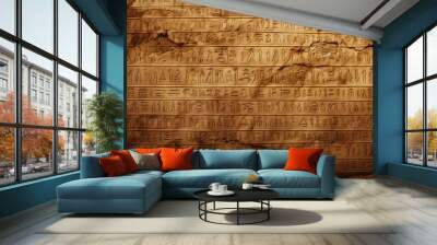 Worn hieroglyphics chronicle ancient mysteries in sandstone walls. Wall mural