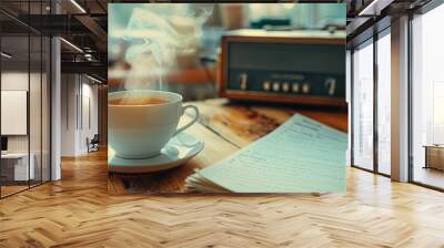 A steaming cup of coffee on a wooden table with a vintage radio and papers in a cozy morning setting by the window. Wall mural