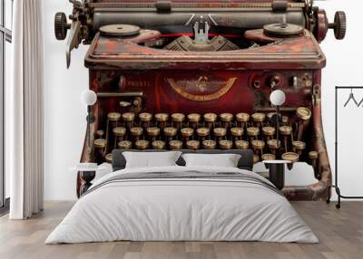 A vintage red typewriter with brass keys, showing signs of age and wear. The typewriter is isolated on a black background. Wall mural