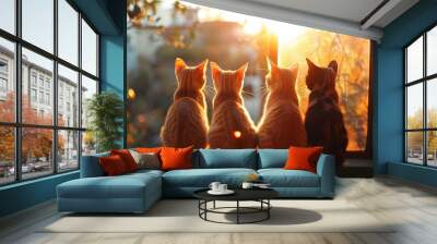 Four cats sit by a window, gazing at a beautiful sunset, creating a warm and serene atmosphere full of warmth and companionship. Wall mural