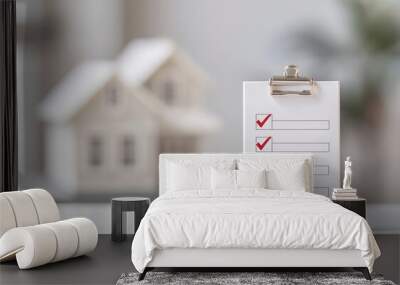 Home inspection checklist with red check marks on clipboard, miniature house model in the background. Real estate and home buying concept. Wall mural