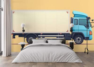 Side view of a modern blue delivery truck on a yellow background, illustrating commercial vehicle and transportation concepts. Wall mural