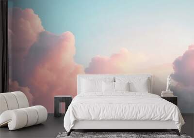 Soft pastel clouds illuminated by sunlight create a serene and dreamy sky perfect for calming backgrounds. Wall mural