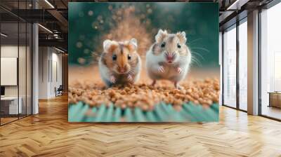 Two cute hamsters playing among scattered food pellets on a colorful surface, with a blurred background adding depth and focus. Wall mural