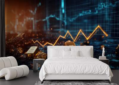 Digital gold growth graph with upward progress and gold bars Wall mural