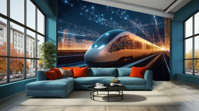 Futuristic high speed magnetic train in glowing cityscape at night Wall mural