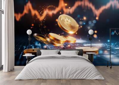 Golden coins falling with digital background, symbolizing wealth and investment Wall mural