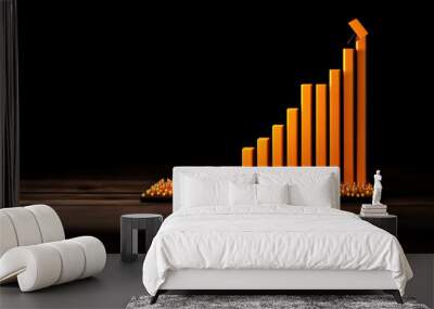 Increasing bar graph with orange bars and dark background Wall mural