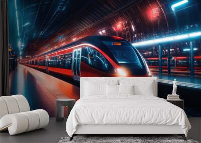 Sleek urban train at modern rail station with neon lights illuminating scene Wall mural