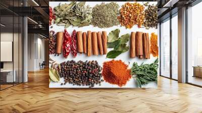 Assorted dried spices and herbs on white background Wall mural