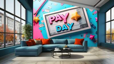 Colorful Payday Celebration with Check and Stars Wall mural