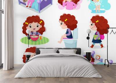 Daily routine activities for kids with cute girl Wall mural