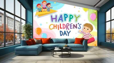 Happy Children’s Day vector background with happy kids on the pencil and paper airplane. Wall mural