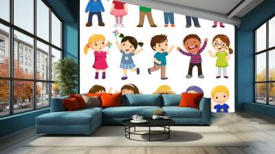 Happy kids cartoon collection. Multicultural children in different positions isolated on white background Wall mural