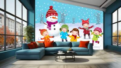 Kids playing outdoors in winter Wall mural