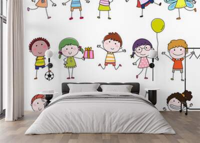 Set of cute happy cartoon doodle kids. Hand-drawn children Wall mural