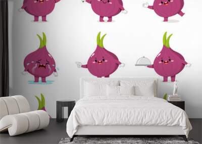 Set of cute red onion chef cartoon characters with various activities. Wall mural