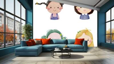 Set of watercolor little girl faces, avatars, kid heads different nationality in flat style. Set 2. Wall mural