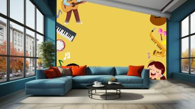 Template for advertising background in music concept with three kid musicians. Wall mural