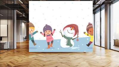 Vector banners kids playing in winter. Happy new year and Merry Christmas background Wall mural