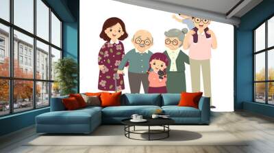 Vector illustration cartoon of a happy family. Mother, father, grandparents, and children with a cat. Vector people. Wall mural