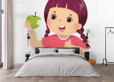 Vector illustration cartoon of a little girl eating green apple and showing thumb up sign. Wall mural