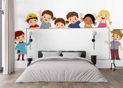 Vector illustration cartoon of children holding blank sign banner. Template for advertising. Wall mural