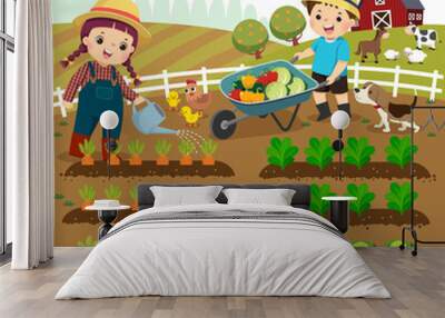 Vector illustration cartoon of girl watering vegetable plants and boy pushing the wheelbarrow of vegetables on the farm. Wall mural