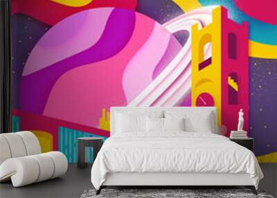 Background vector of fantasy town lost in the cosmos with the colorful theme. Wall mural