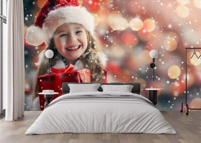 A cute and happy American white girl dressing in red winter clothes, wearing a Santa hat and holding a gift box on a Christmas party background with copy space for text. Gold color tone. Wall mural