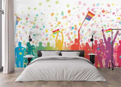 A happy pride parade raising hands with pride flags and confetti in vivid colorful rainbow colors, on a transparent background. Isolated decorating elements for Pride month background design. Wall mural