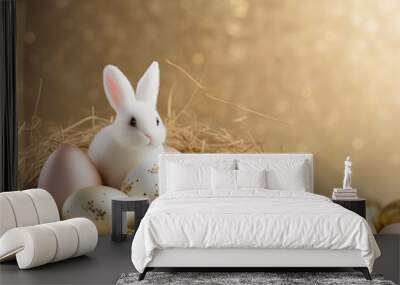 A white rabbit is sitting in a golden nest among pink, white and golden easter eggs on golden glitter background. Easter festival social media background design with copy space for text. Wall mural