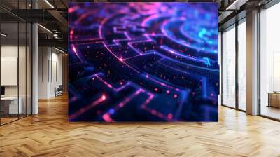 Abstract futuristic holographic circle maze interface concept background for technology, cybersecurity or business presentation. Dark tone with neon purple and blue color with copy-space for text. Wall mural