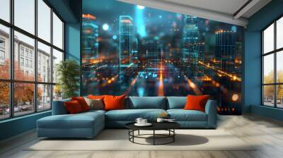 Hologram interface concept with futuristic skyscraper building for technology and business presentation. High-rise buildings in a big city at night with vivid neon blue and orange lighting. Wall mural