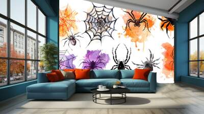 Set of isolated Halloween spider decoration elements in cute doodle hand-drawn watercolor illustration style on transparent background, Volume 2: Black, purple and orange color tone. Wall mural