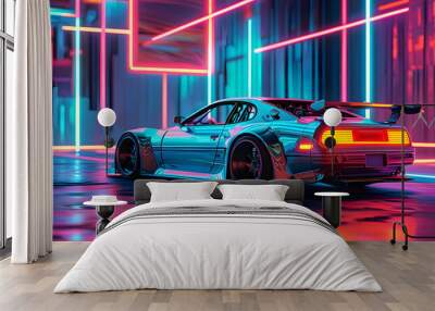 Futuristic Sports Car Neon Lights Night City Wall mural