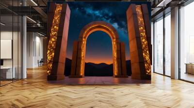 Illuminated Archway with Ornate Pillars Under Starry Night Sky Wall mural