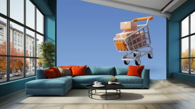 3d Vector Shopping Trolley with Parcel boxes, Shopping Online Concept. Wall mural