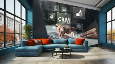 businessman using laptop with crm icon on virtual screen, customer relationship management for busin Wall mural