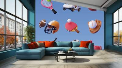 Collection of 3d sport icon collection isolated on blue, Sport and recreation for healthy life style concept Wall mural