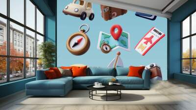 Collection of Travel Tourism 3d icon, Trip Planning World Tour. Holiday Vacation, Travel and Transport concept. Wall mural