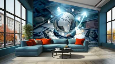 Crystal globe on many currency, World bank, Money transfers and currency exchanges between countries of the world. Wall mural