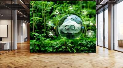 Crystal globe putting on moss with CO2 white fog, Global warming from climate change, Sustainable development and green business from renewable energy. Wall mural