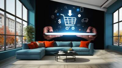 Hand of businessman showing shopping cart icon on tablet. Wall mural